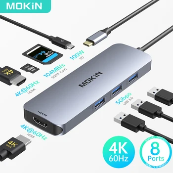 MOKiN USB C до Двойно HDMI Адаптер HDMI 4K USB Порт за Докинг Станция за iPad Air Macbook Air M1 M2 Thunderbolt Лаптоп USB Сплитер