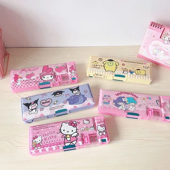 Sanrio Hello Kitty Kuromi кутия за моливи с двойно откритие, сладък cartoony помпончик, малки звезди-близнаци, студентски кутия за писалки, подаръци за деца от изкуствена кожа