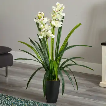 Блестящо бяло пластмасово изкуствено растение орхидея цимбидиум, задраскване украса за дома.
