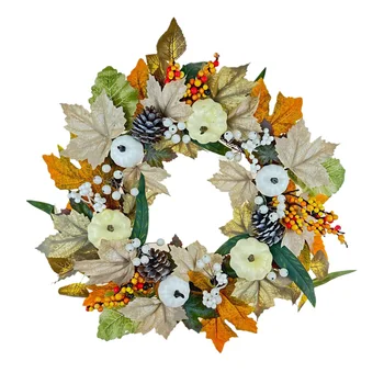 Венец от бяла тиква, изкуствен венец на Хелоуин, имитации на кленов лист, един венец, украса за дома, окачване