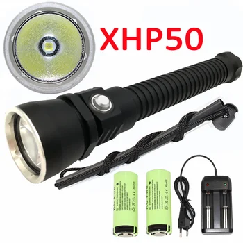 Водоустойчива led фенерче XHP50 за гмуркане, подводна светкавица за подводно гмуркане, мощни факел, лампа + 2 батерия 26650 + зарядно устройство