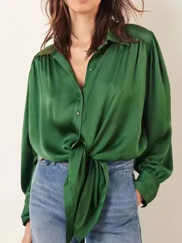Дамска Риза с дълъг ръкав и Блузи, Френска Зелена Блуза с Отложным Яка за Жени, Елегантни Однобортные Върхове с Възел