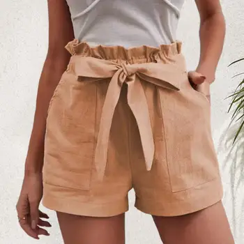 Дамски къси панталони с висока еластична талия, украсена с гофрированным лък, дамски ежедневни панталони с джобове, преки свободни летни къси панталони с дължина над коляното