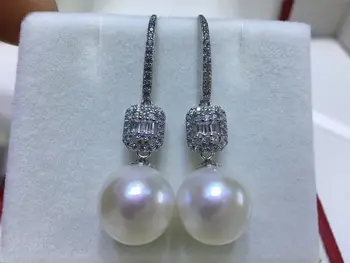 Елегантни кръгли обеци с бели перли на Южнокитайско море, 10-11 мм, сребро проба 925