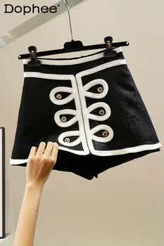 Етнически стил, ретро, контрастни лоскутные широки шорти трапецовидна форма в стил мозайка, дамски панталони-кюлоты, жакард техника, черна пола, шорти, пролет