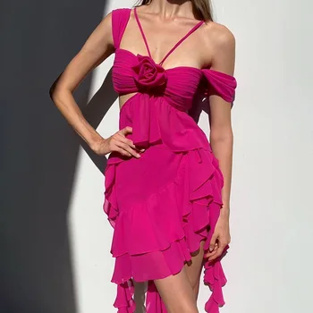 Жена секси рокля от тюл с нередовни волани и 3D цветя, сетчатое прозрачна рокля миди с прерязано и рюшами, летни рокли за коктейльной парти, клуб Y2K