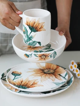Керамична чиния с подсолнухом, рисувани на ръка, съдове, подглазурная домакински чиния за зеленчуци, дълбока чиния, дълга чиния