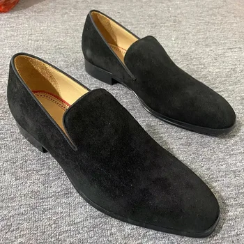 Класически модерни черни кожени лоферы, мъжки замшевая обувки, луксозни модела обувки на плоска подметка, ежедневни бизнес мъжки обувки