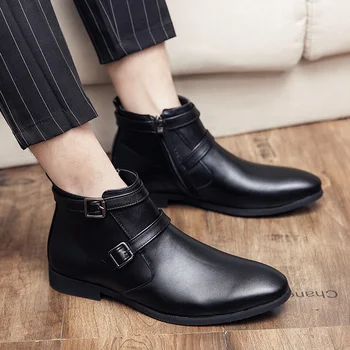 Класически мъжки Модела обувки в Черно с цип, Ежедневни Мъжки Ботильоны в бизнес стил, Кожени ботуши с висок берцем, Мъжки Официалната обувки, botas ал hombre