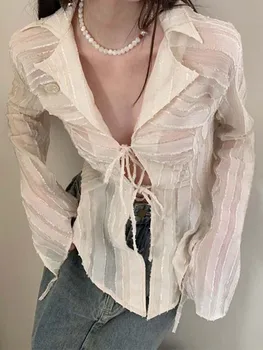 Корейската бандажная блуза, дамски модни риза с дантела, летни елегантни тънки блузи с дълъг ръкав, дамски ежедневни шик жилетка с ревери