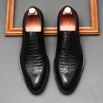 Луксозни мъжки модел обувки, oxfords от естествена кожа с шарките на крокодилска кожа, дантела, италианска сватбена бизнес официалните обувки за мъже
