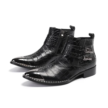 Модни обувки Челси със стоманени пръсти, ботильоны ръчна работа с остри пръсти, черни модела обувки от естествена кожа с катарама, голям размер на 47