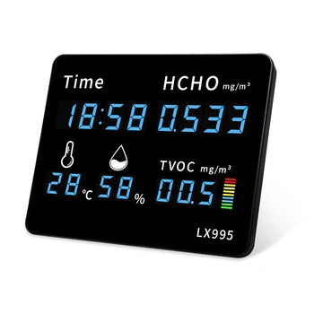 Мониторинг на качеството на въздуха детектор на формалдехид измерва температурата и влажността на формалдехид ФПЧ2.5/TVOC/HCHO с монтиран на стената часовник