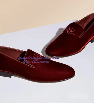 Мъжки Вино-червено, Черно Кадифе Луксозни Модела обувки С изящна бродерия, Лоферы, без Скоби, на Официална Бизнес Обувки, Размер46