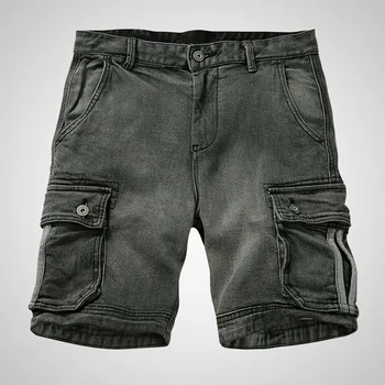 Мъжки дънкови къси панталони с много джобове на Дънки-карго летни стрейчевые свободни выстиранные директни