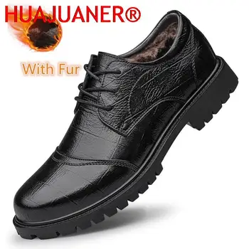 Мъжки ежедневни кожени обувки дантела в британския стил за възрастни, черни обикновен мъжки oxfords, топли с кожа, престижно мъжки обувки