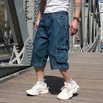 Мъжки летни дънкови шорти-карго с много джобове, сини директни къси дънки за мъже, големи размери 30-46