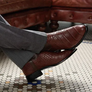 Мъжки обувки с принтом от змийска кожа, прошитые обувки на нисък квадратен ток, модельная кожени обувки в класически стил, мъже официалната обувки