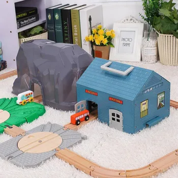 Нови дървени аксесоари за сцена на железопътния път, къща, планински тунел, съвместими с играчки Thomas Train Track за деца