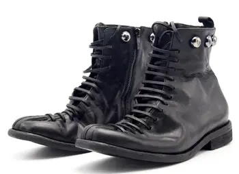 Нови зимни кръгли мъжки ботильоны с нитове, мъжки обувки, обувки на Goodyear, модни мъжки обувки на дантела от 100% естествена кожа