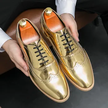 Нови постъпления; Златисти мъжки обувки-oxfords; Модни Брилянтен Мъжки обувки с перфорации тип 