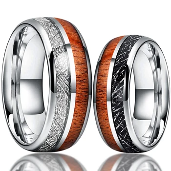 Прости сребрист пръстен от волфрам карбид за мъже и жени, годежен пръстен, полиран лъскава инкрустация от метеоритного дърво, удобна за кацане, модерен пръстен