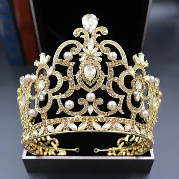 Реколта диадема от планински кристал и перли за младоженци, сватбена короната за коса, превръзка на главата на кралицата, венчални корони, диадеми, украса за коса, аксесоари