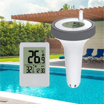 Термометър за басейна Цифров безжичен вътрешен външен плаващ с часовник на времето Закрит/открит плувен басейн Водни курорти Аквариум