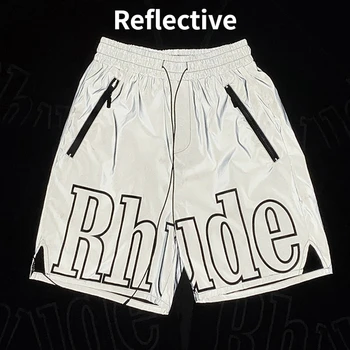 Хип-хоп 3 м Светлоотразителни шорти RHUDE с вътрешна мрежа за мъже и жени, големи гащички дантела прозорци с логото, фитнес зала